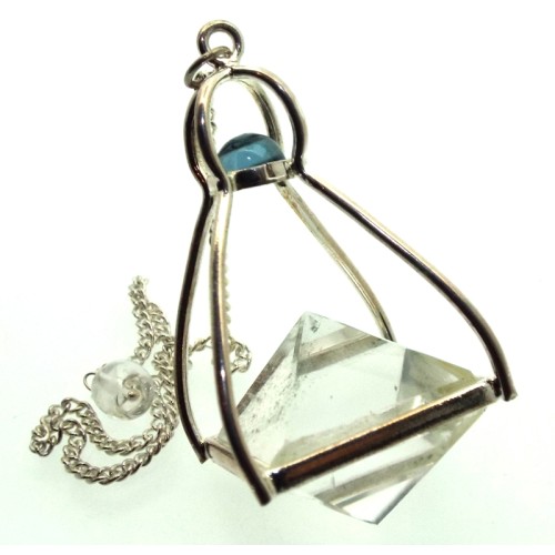 Double Quartz Gemstone Pyramid with Blue Topaz Pendulum