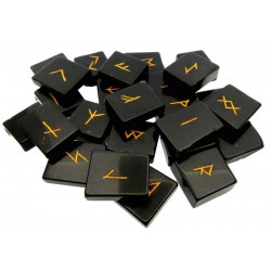 Black Agate Etched Angular Gemstone Elder Futhark Rune Set with Booklet 