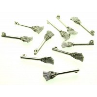10x Silver Coloured Metal Witches Besom Broom Charms