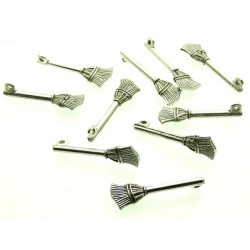 10x Silver Coloured Metal Witches Besom Broom Charms