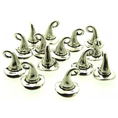 12x Silver Coloured Metal Witches Hat Charms