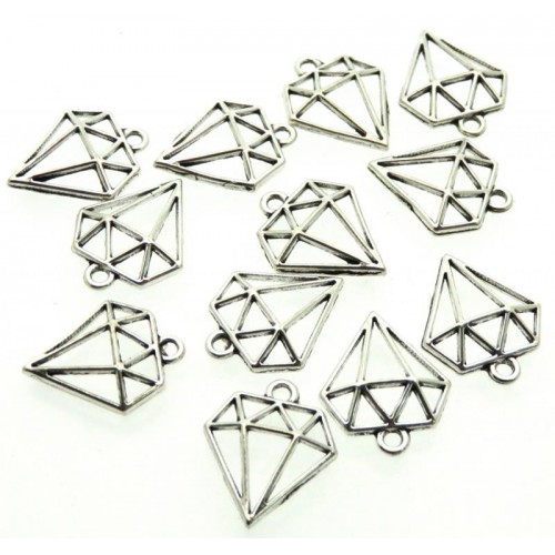 12x Silver Coloured Metal Geometric Diamond Charms