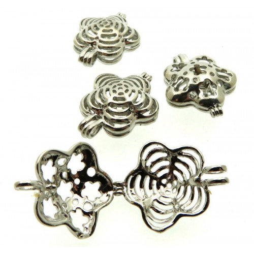 4x Silver Coloured Metal Flower Cage Charms
