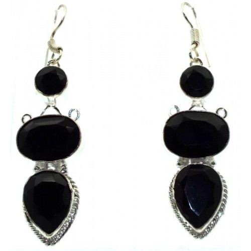 Black Obsidian Gemstone Indian Silver Fishhook Earrings 02