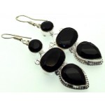 Black Obsidian Gemstone Indian Silver Fishhook Earrings 02