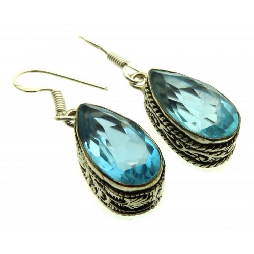 Blue Topaz Gemstone Indian Silver Fishhook Earrings 01