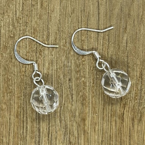 10mm Faceted Clear Quartz Sphere Fishhook Earrings