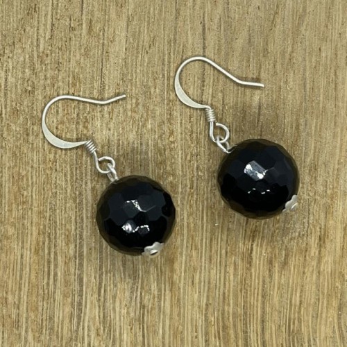 14mm Faceted Black Onyx Sphere Fishhook Earrings