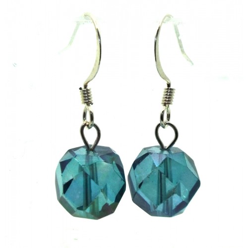 Aqua Aura Gemstone Faceted Sphere Fishhook Earrings