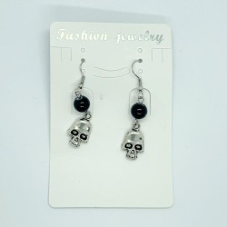 Black Beaded Skull Fishhook Earrings