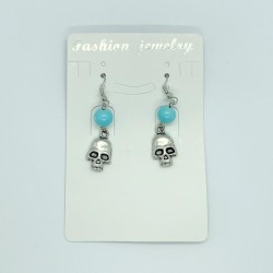 Blue Beaded Skull Fishhook Earrings
