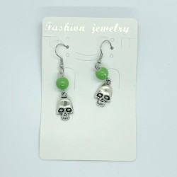 Green Beaded Skull Fishhook Earrings