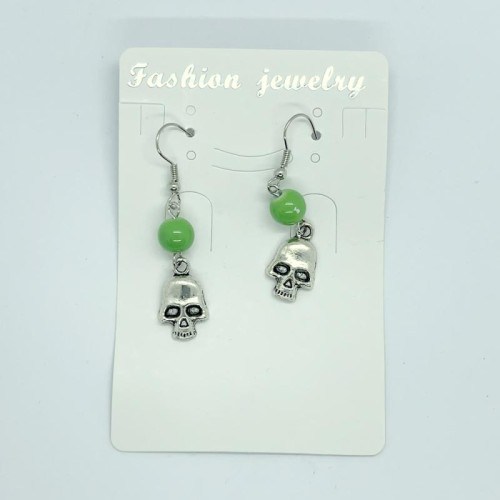 Green Beaded Skull Fishhook Earrings