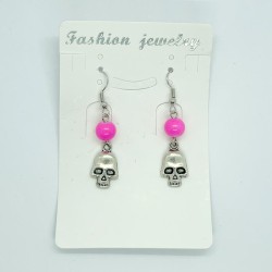 Hot Pink Beaded Skull Fishhook Earrings