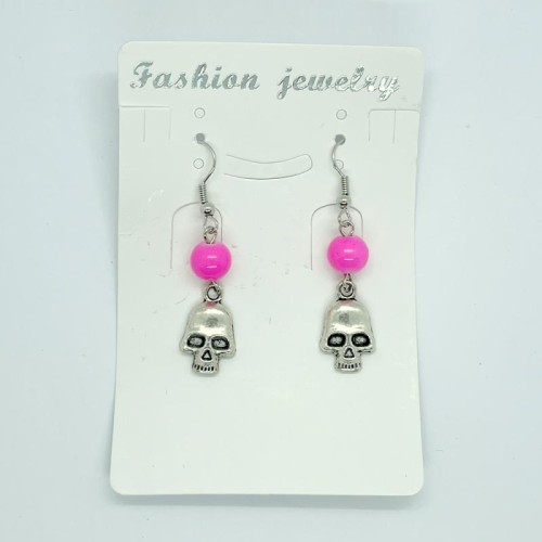 Hot Pink Beaded Skull Fishhook Earrings