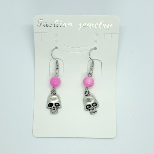 Pink Beaded Skull Fishhook Earrings