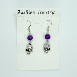 Purple Beaded Skull Fishhook Earrings