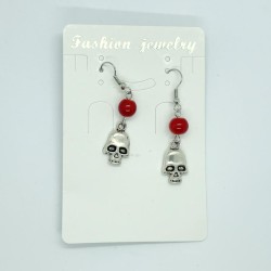 Red Beaded Skull Fishhook Earrings