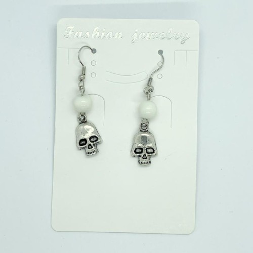 White Beaded Skull Fishhook Earrings