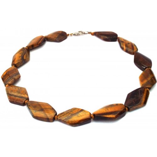 Tigers Eye Gemstone Flat Diamond Shaped Bead Necklace