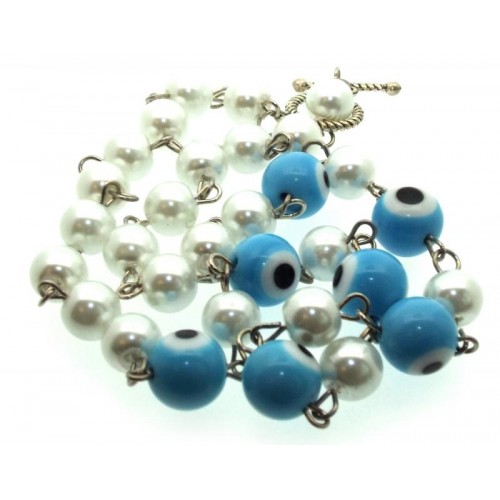 Light Blue Lampwork Evil Eye and Faux Pearl Bead Necklace