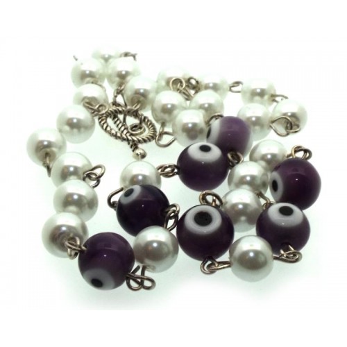 Purple Lampwork Evil Eye and Faux Pearl Bead Necklace