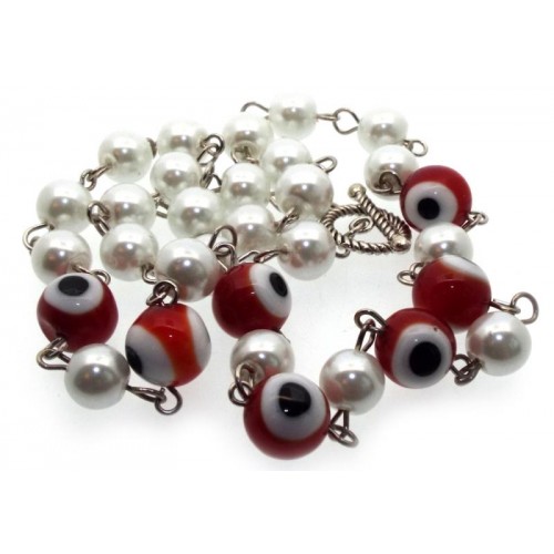 Red Lampwork Evil Eye and Faux Pearl Bead Necklace