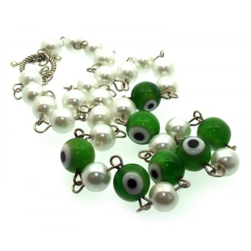 Green Lampwork Evil Eye and Faux Pearl Bead Necklace