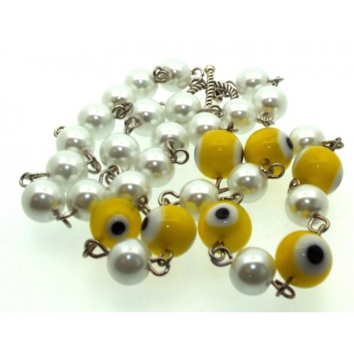 Yellow Lampwork Evil Eye and Faux Pearl Bead Necklace