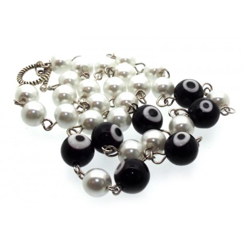 Black Lampwork Evil Eye and Faux Pearl Bead Necklace