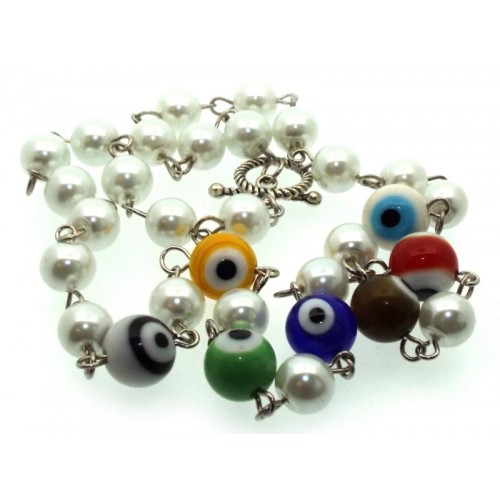 Multi Colour Lampwork Evil Eye and Faux Pearl Bead Necklace