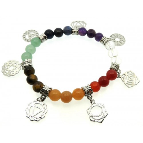 Chakra Symbol Gemstone Bead Elasticated Charm Bracelet