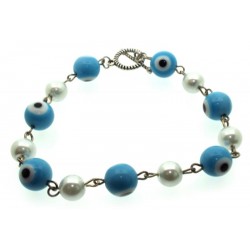 Light Blue Lampwork Evil Eye and Faux Pearl Bead Bracelet