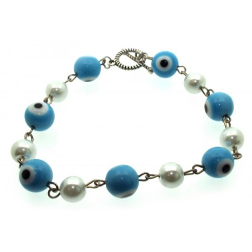 Light Blue Lampwork Evil Eye and Faux Pearl Bead Bracelet