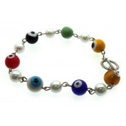 Multi Colour Lampwork Evil Eye and Faux Pearl Bead Bracelet