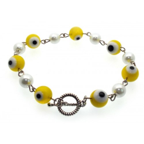 Yellow Lampwork Evil Eye and Faux Pearl Bead Bracelet
