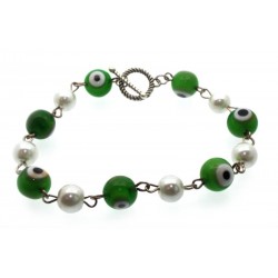 Green Lampwork Evil Eye and Faux Pearl Bead Bracelet