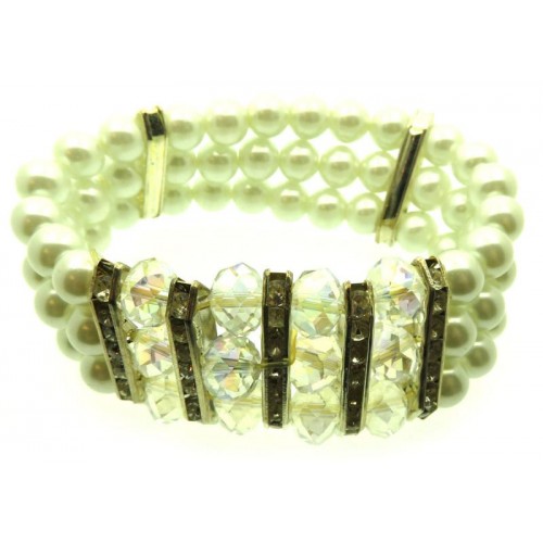 Triple Row Faux Pearl Bead and Crystal Bracelet