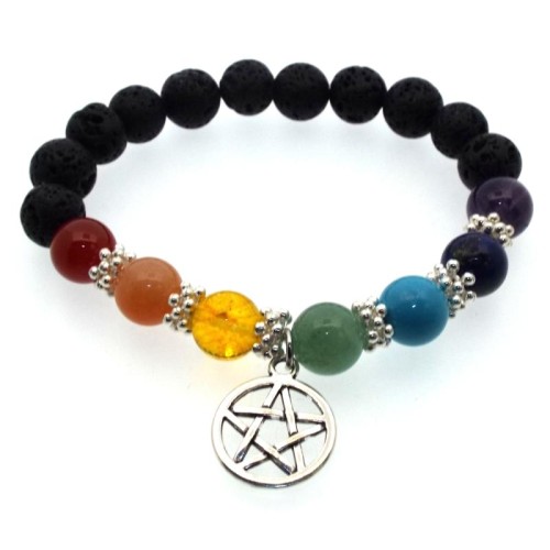 Chakra and Lava Rock Gemstone Bead Pentacle Elasticated Power Bracelet