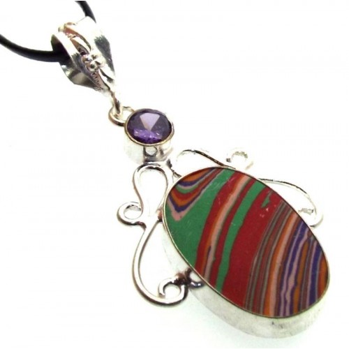 Rainbow Calsilica Indian Silver Pendant 03