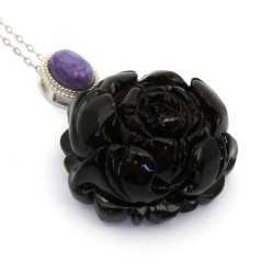 Blood Amber Carved Lotus and Charoite Pendant