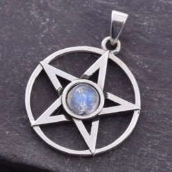 Pentacle with Rainbow Moonstone Sterling Silver Pendant