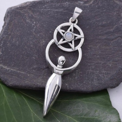 Pentacle Goddess with Rainbow Moonstone Sterling Silver Pendant