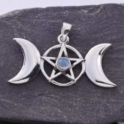 Triple Moon and Pentacle with Rainbow Moonstone Sterling Silver Pendant