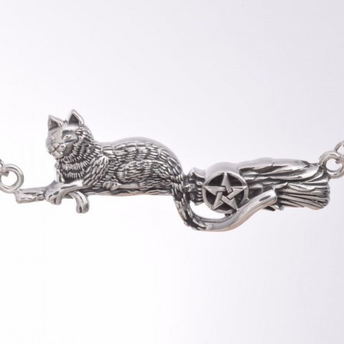Cat on Broomstick Pentacle Sterling Silver Necklace