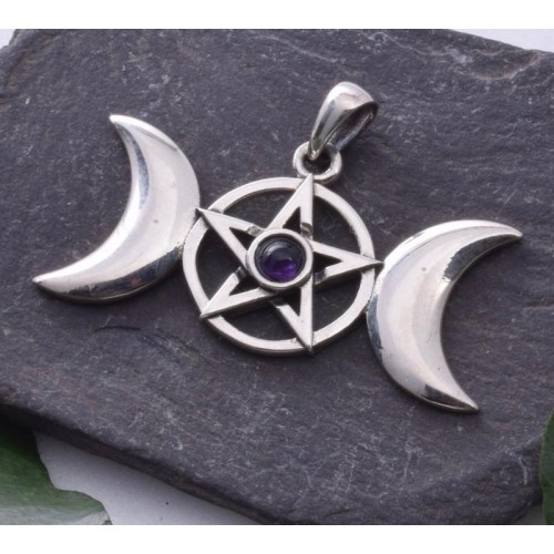 Triple Moon and Pentacle with Amethyst Sterling Silver Pendant