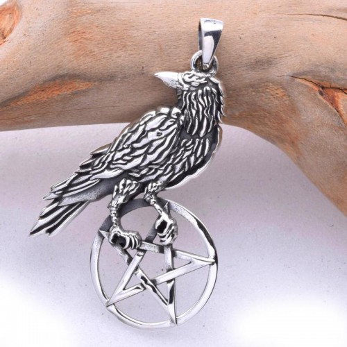 Raven Perched on Pentacle Sterling Silver Pendant