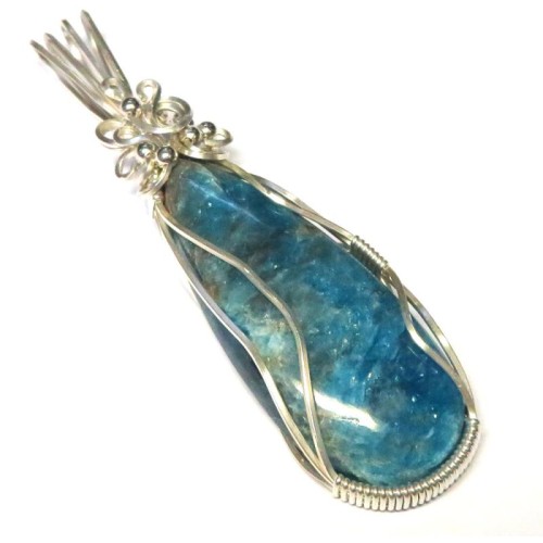 Apatite Gemstone Sterling Silver Wire Wrapped Pendant 03