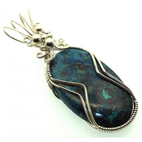 Azurite and Chrysocolla Sterling Silver Wire Wrapped Pendant 01