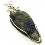 Hand Carved Labradorite Sterling Silver Wire Wrapped Pendant 01